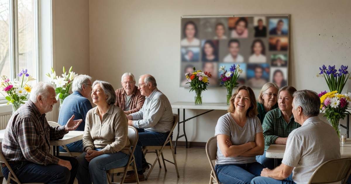 Family and friends gathered in a community hall sharing stories at a celebration of life, illustrating celebration of life costs in Canada.