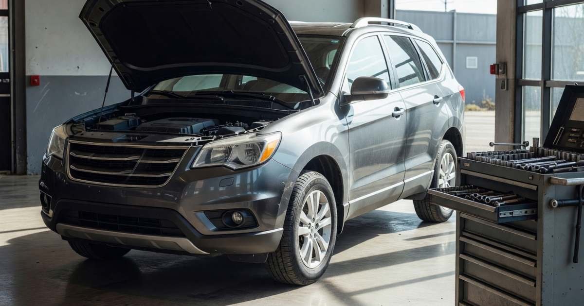 A clean late-model used SUV parked in a dealership service bay with the hood up, illustrating certified pre-owned versus private sale cars in Canada.