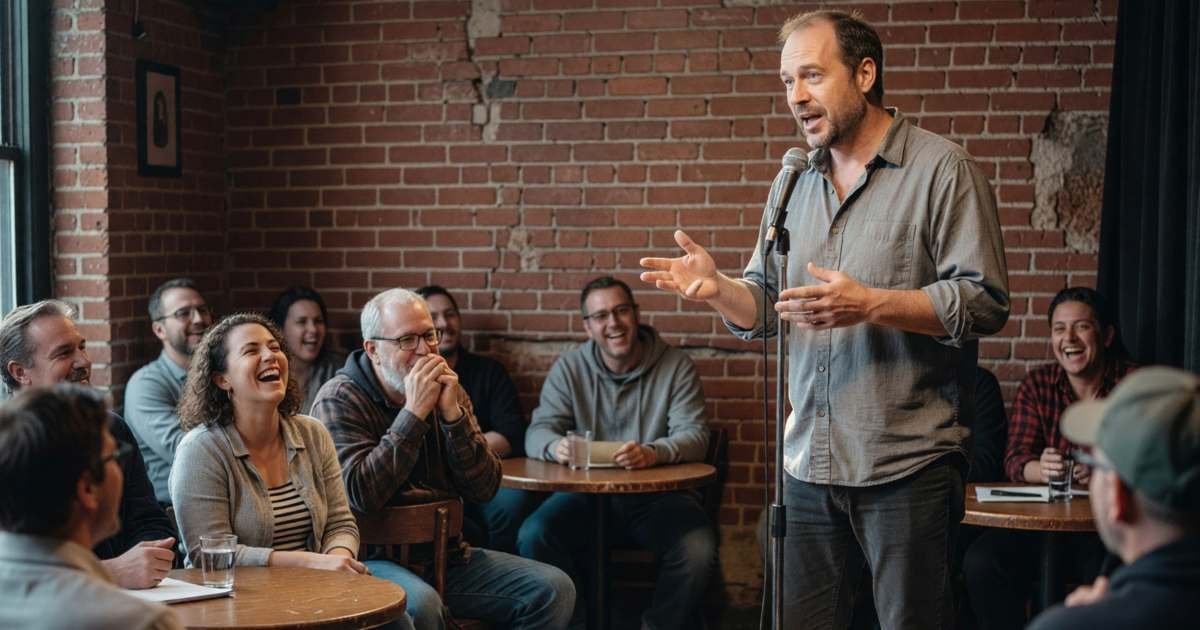 A comedian on a small club stage under a spotlight, audience laughing at small tables, illustrating cheap comedy show tickets.