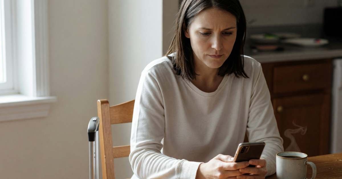 A woman sitting at a kitchen table early in the morning looking thoughtfully at her smartphone, a packed carry-on suitcase standing beside her chair, illustrating whether there is a cheapest day to book flights.