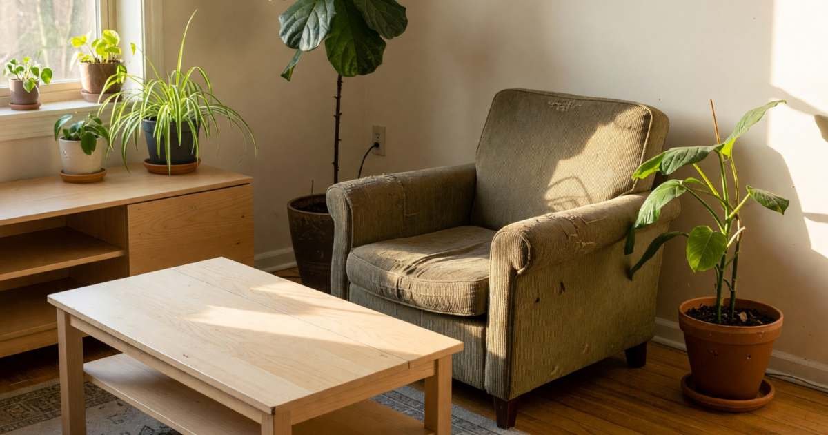 A small apartment living room furnished with a mix of flat-pack furniture and a secondhand armchair, illustrating cheap furniture in Canada, IKEA versus Structube versus Marketplace.
