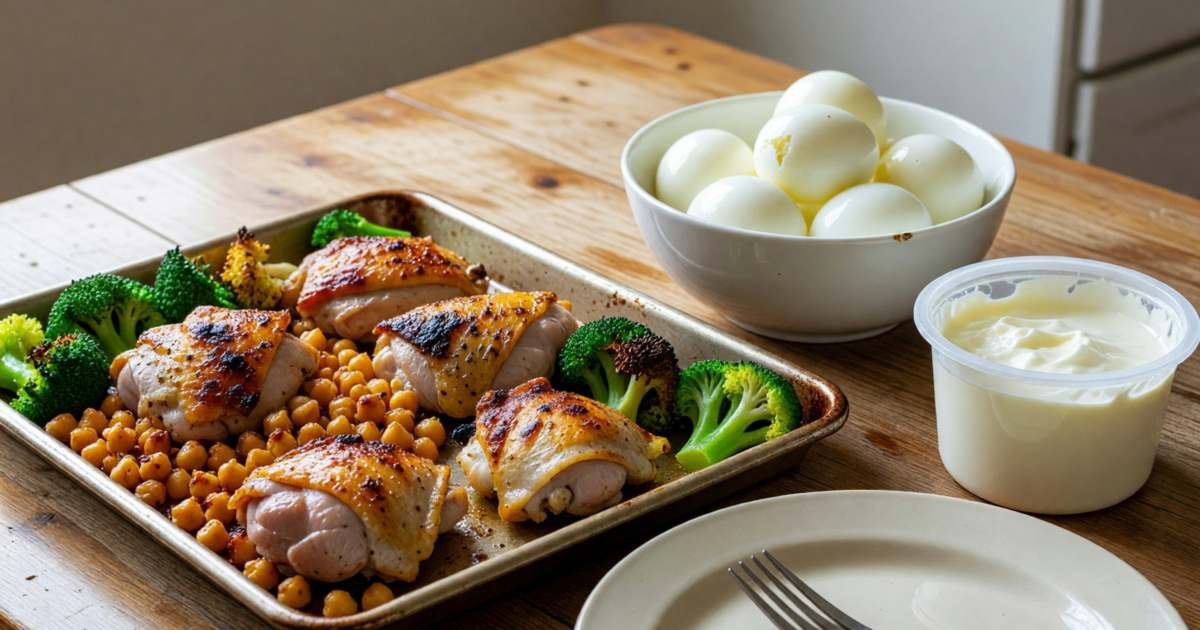 A sheet pan of roasted chicken thighs with chickpeas and broccoli next to a bowl of hard-boiled eggs and a tub of plain yogurt, illustrating cheap high-protein meals in Canada.
