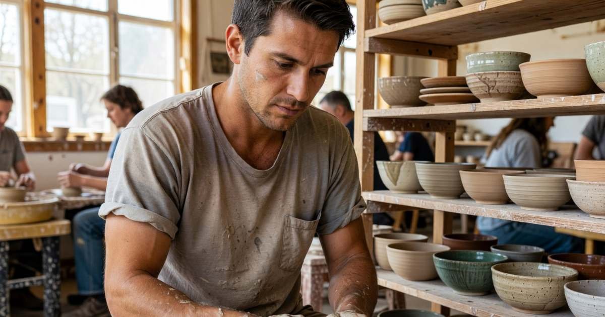 A man in his thirties at a pottery wheel in a community studio, hands covered in clay, illustrating cheap hobbies for adults.