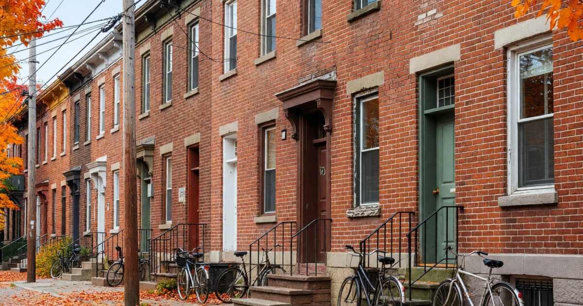 A Toronto row house street with overhead cables strung between wooden utility poles, illustrating shopping for cheap home internet in Toronto by address.