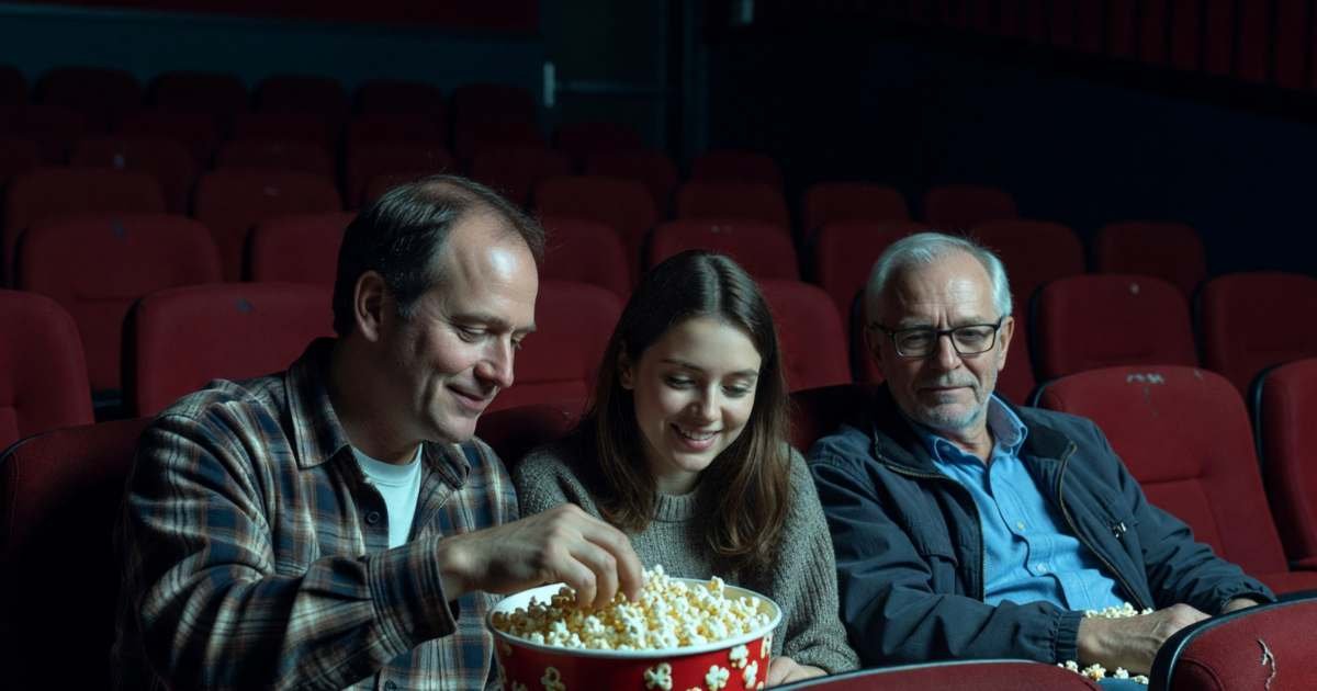 Friends sharing popcorn in a movie theatre, lit by the screen glow, illustrating cheap movie tickets in Canada.