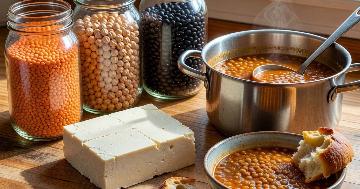 Glass jars of dried red lentils, chickpeas and black beans beside a block of tofu and a pot of lentil soup, illustrating cheap plant proteins in Canada: lentils, beans and tofu.
