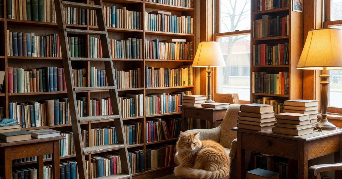 A cosy used bookstore with tall shelves and a ladder, illustrating cheaper books in Canada.