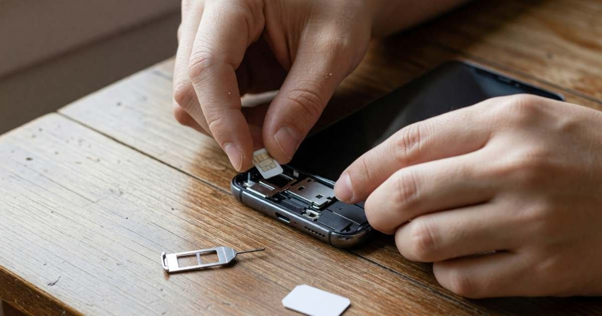 Close-up of hands inserting a tiny SIM card into the tray of a smartphone, illustrating cheaper cell plans in Canada.