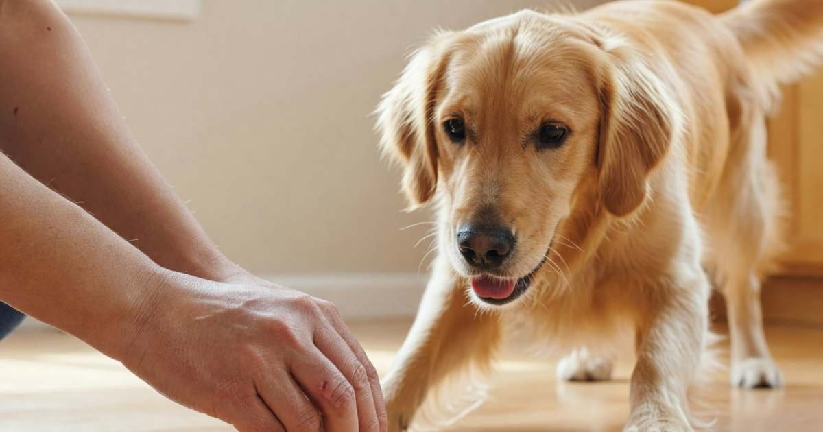 A hand pushing a pill into a soft treat for a golden retriever waiting eagerly, illustrating buying pet medications for less in Canada.