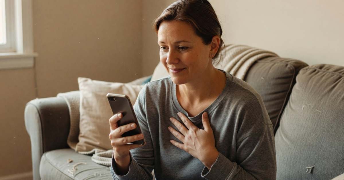 A woman in her forties sitting on her sofa looking at her phone with relief, one hand on her chest, illustrating checking your credit score for free in Canada.