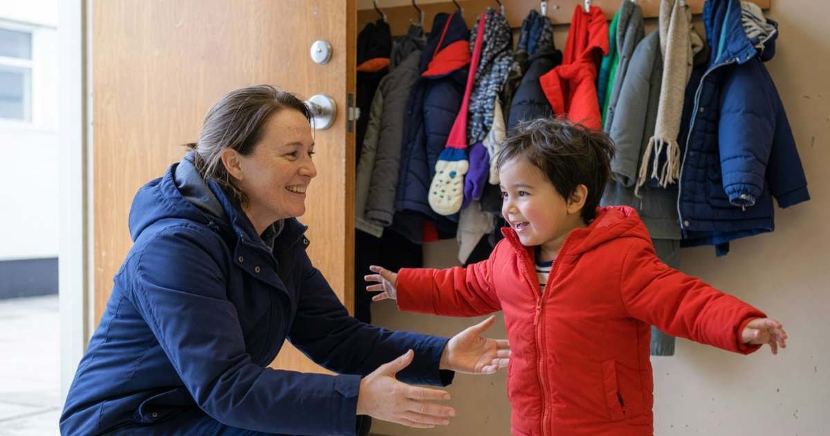 A mother picking up her preschooler from a daycare door, the child running into her arms, illustrating the child care expense deduction in Canada.
