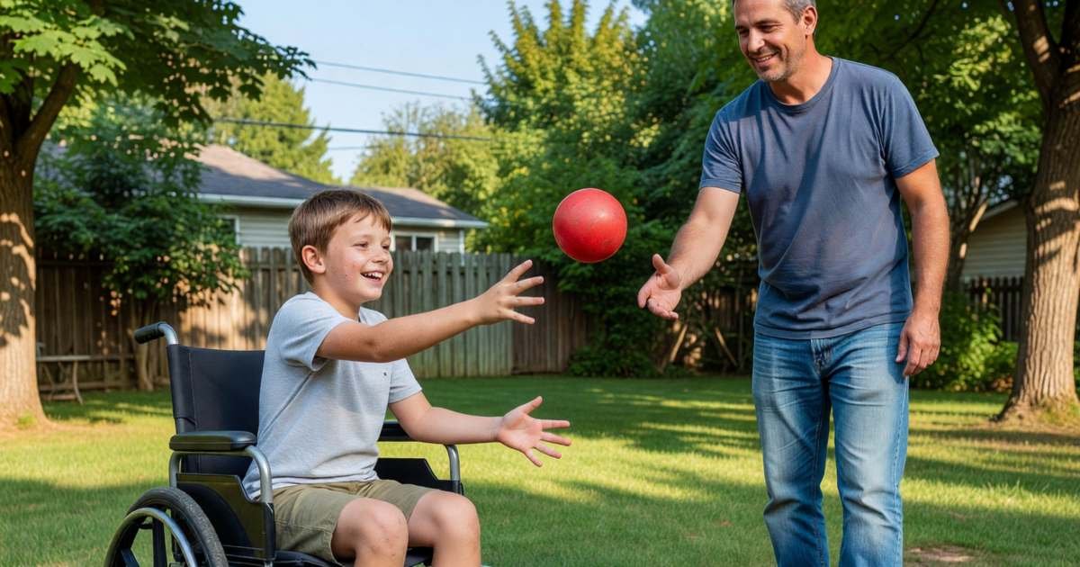 A young boy in a wheelchair playing catch with his father in a backyard, illustrating the Child Disability Benefit and DTC for kids.