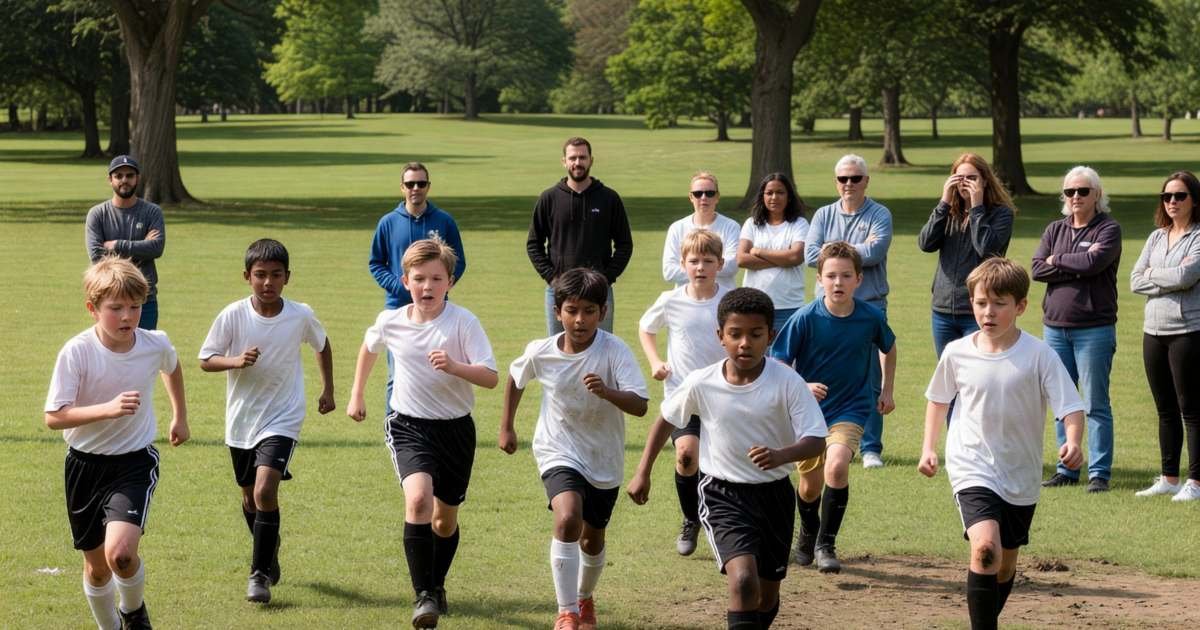 Kids in a youth soccer game running after the ball on a community field, illustrating children's activity tax credits in Canada.