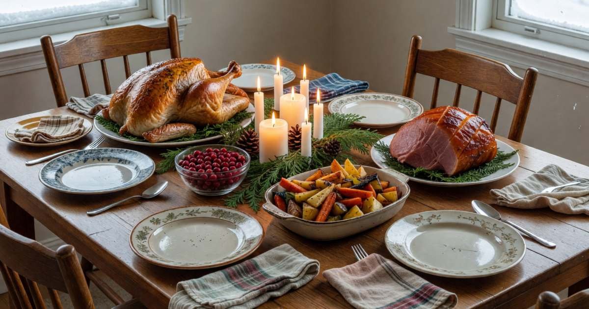 A set dining table ready for a Christmas dinner with a roast turkey, a ham, roasted root vegetables, a bowl of cranberries and a candle centrepiece with cedar sprigs, illustrating hosting Christmas dinner on a budget in Canada.