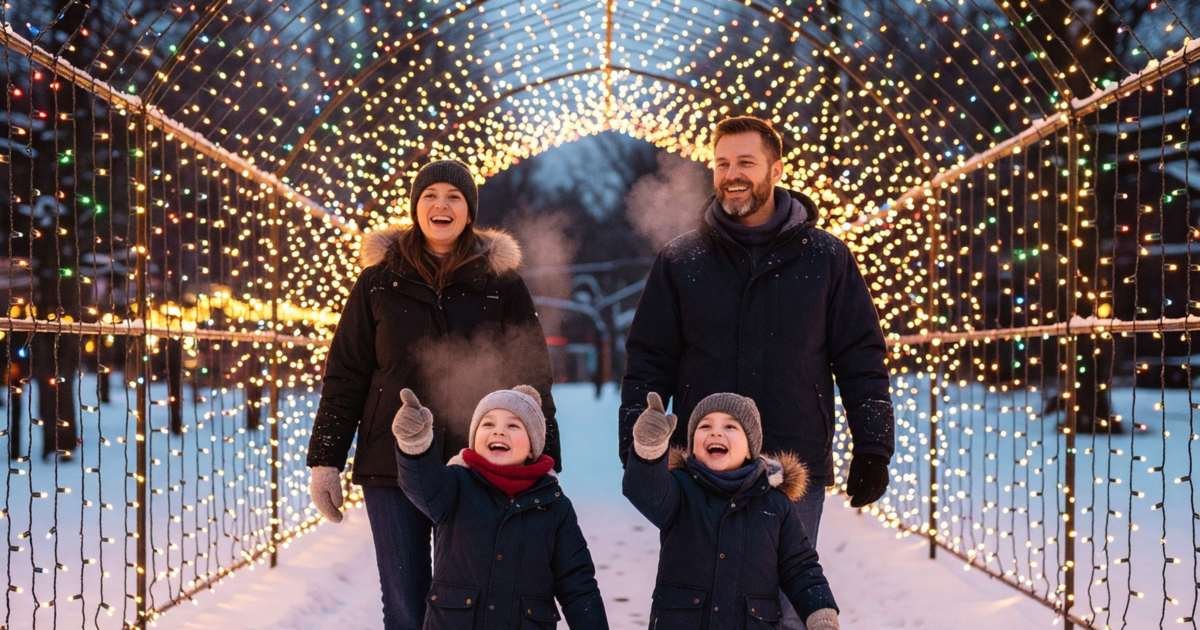 A family with two children walking through a glowing tunnel of Christmas lights in a park at dusk, illustrating Christmas light shows and holiday attractions in Canada.