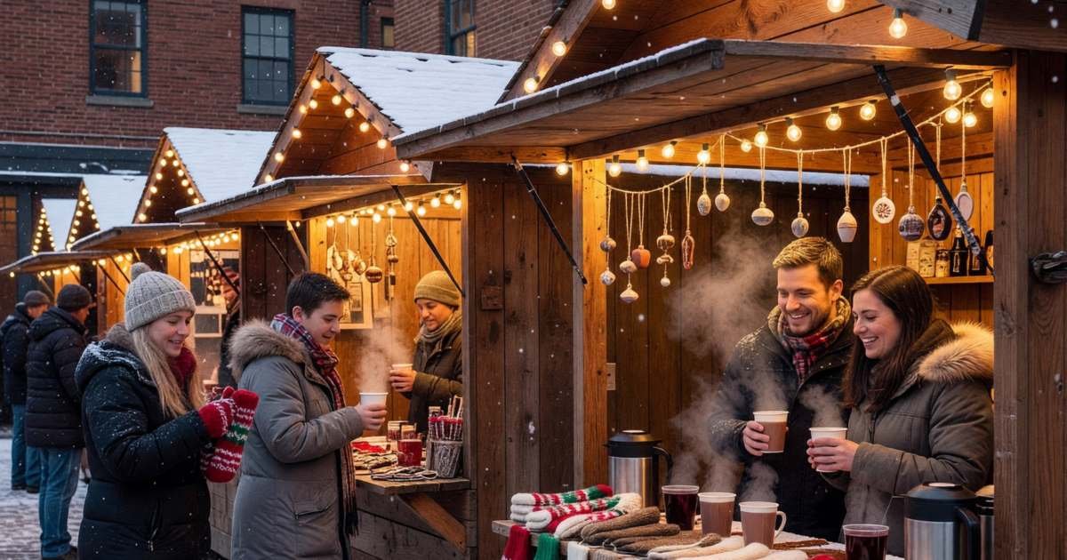 Visitors browsing wooden market stalls selling knitted mittens, ornaments and hot drinks at an outdoor Christmas market, illustrating Christmas markets in Canada: admission, free days and spending less.