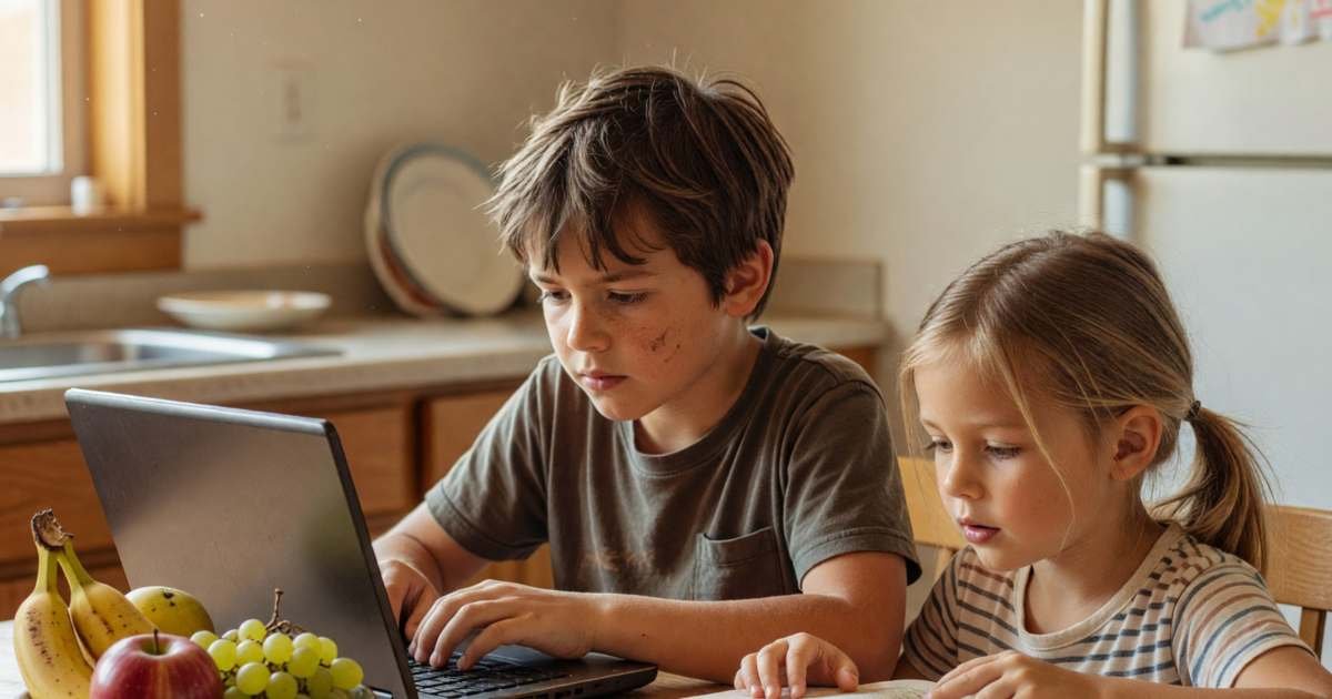 A boy of about ten doing homework on a small laptop at the kitchen table with his sister reading, illustrating Chromebook versus Windows laptop for kids' schoolwork.