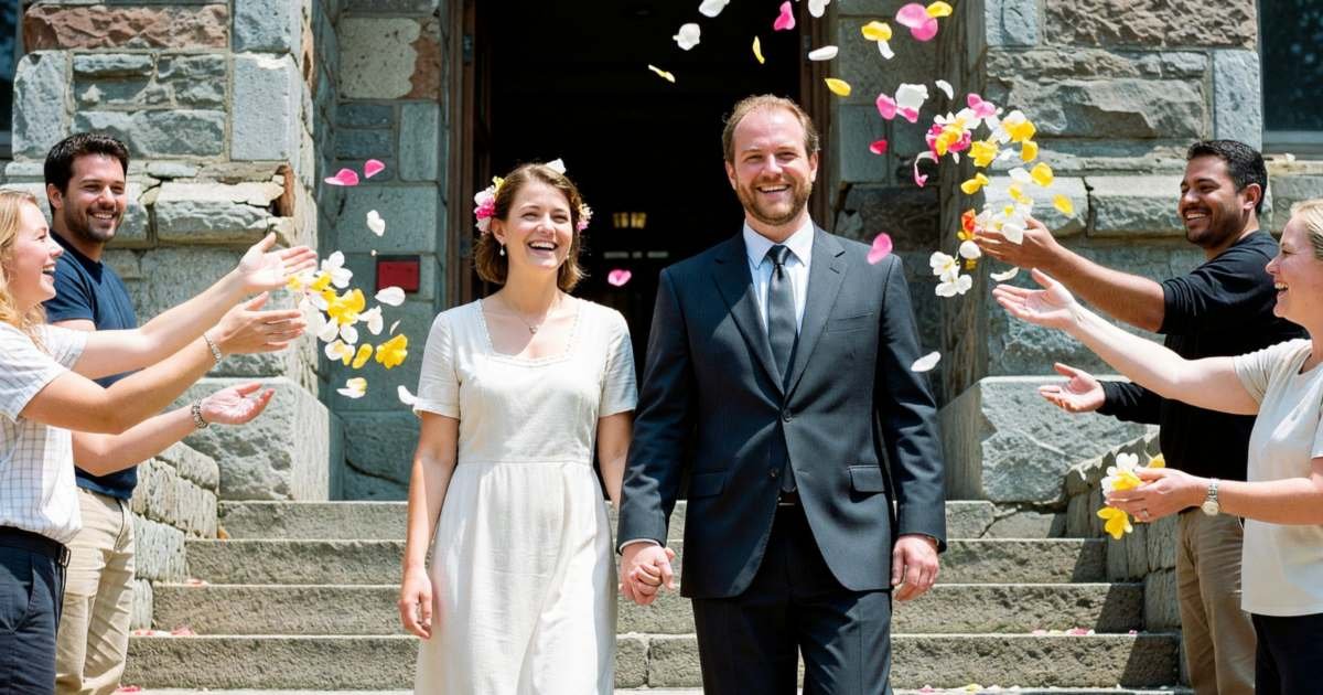 A couple in simple wedding clothes walking down the steps of an old stone city hall, holding hands and smiling, illustrating city hall and courthouse wedding costs in 2026.