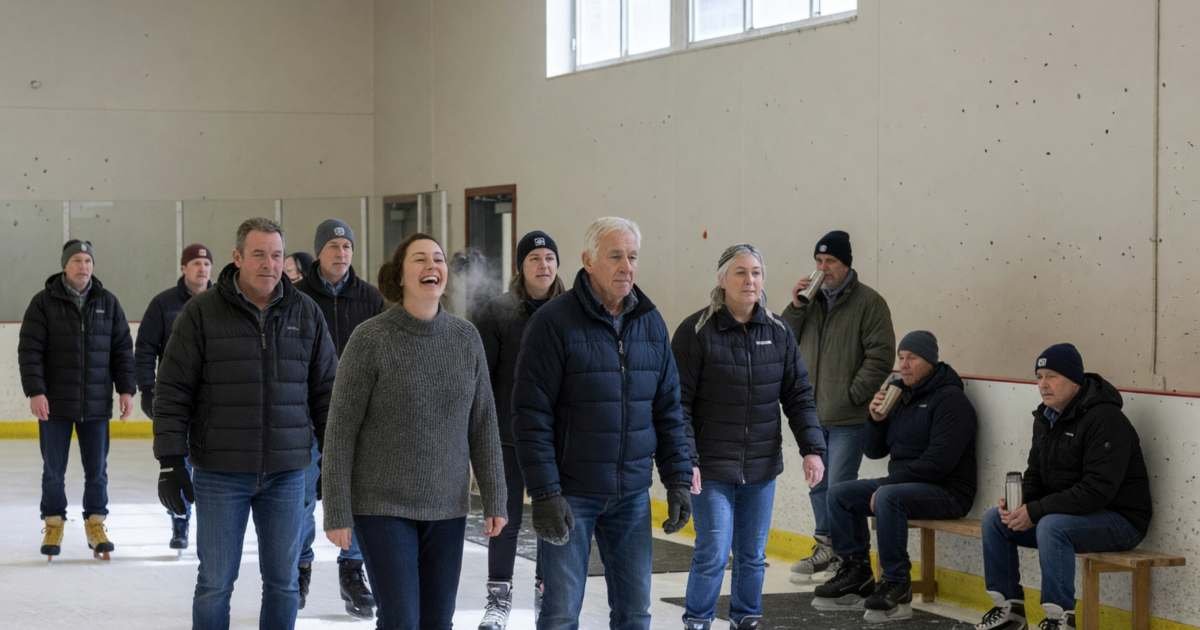 A group of adults of different ages in casual winter clothes skating laps during a public skate at an indoor community arena, illustrating city recreation passes and fee assistance for adults.