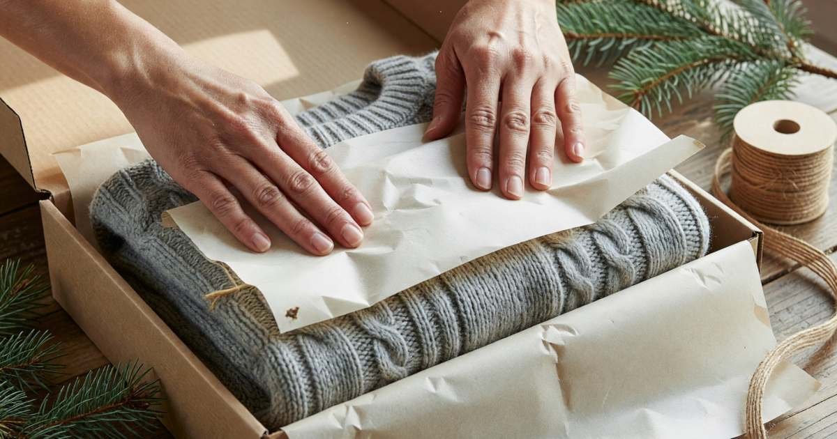 Hands wrapping a folded knit sweater in plain tissue paper inside a gift box, illustrating clothing gifts without waste.