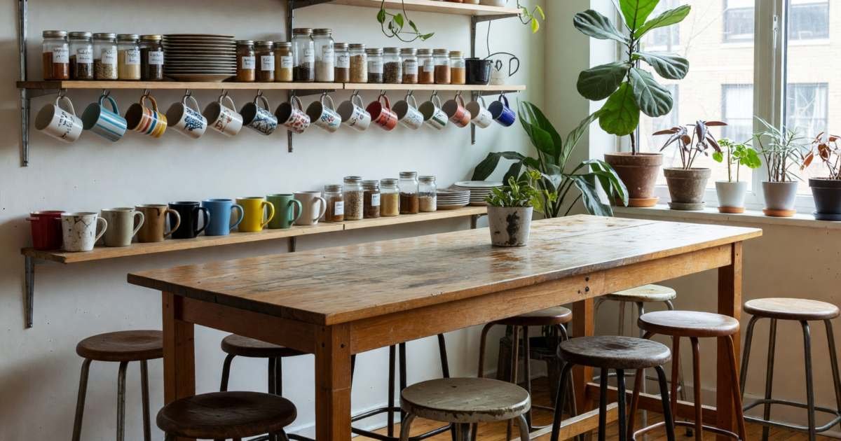 A shared co-living kitchen with a long communal table, open shelving and several bar stools, illustrating co-living versus studio apartment costs in Canadian cities.
