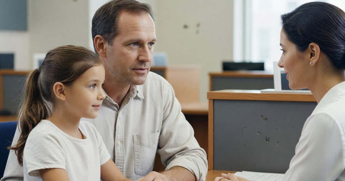 A father and his daughter sitting at a bank desk across from an adviser, illustrating co-signing a student loan or line of credit.