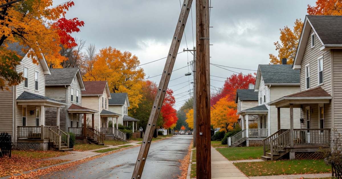 A cable technician's ladder leaning against a utility pole in a quiet residential street, illustrating Cogeco internet versus resellers.