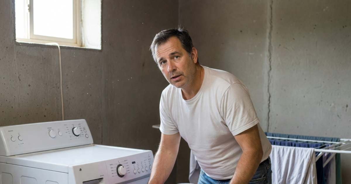 A man loading colourful clothes from a laundry basket into a front-load washing machine, illustrating cold-water laundry and energy savings in Canada.