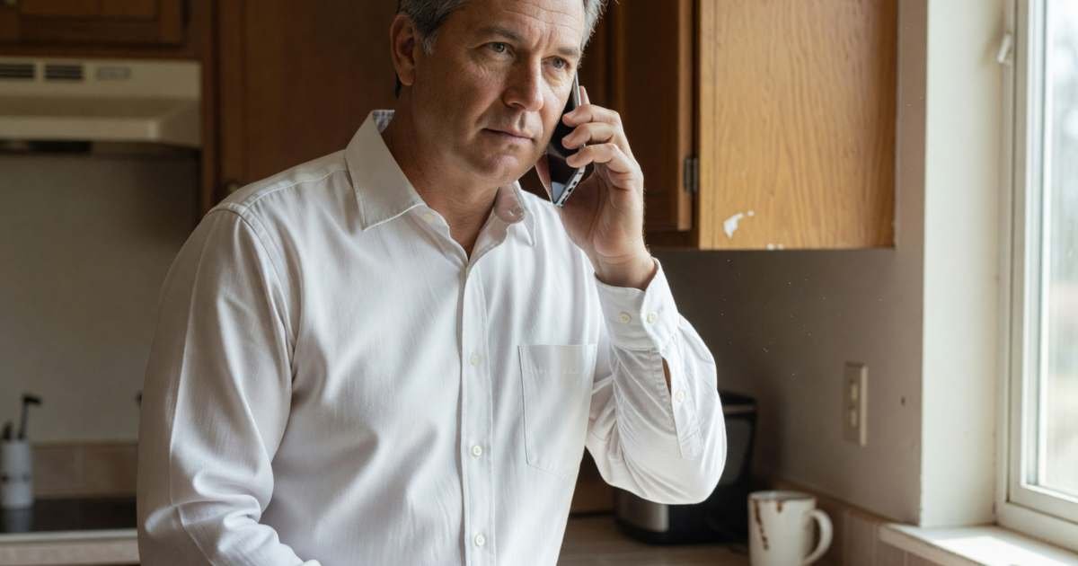 A man standing at his kitchen counter taking a phone call calmly, a pen and blank notepad ready, illustrating what to say if a collection agency calls in Canada.