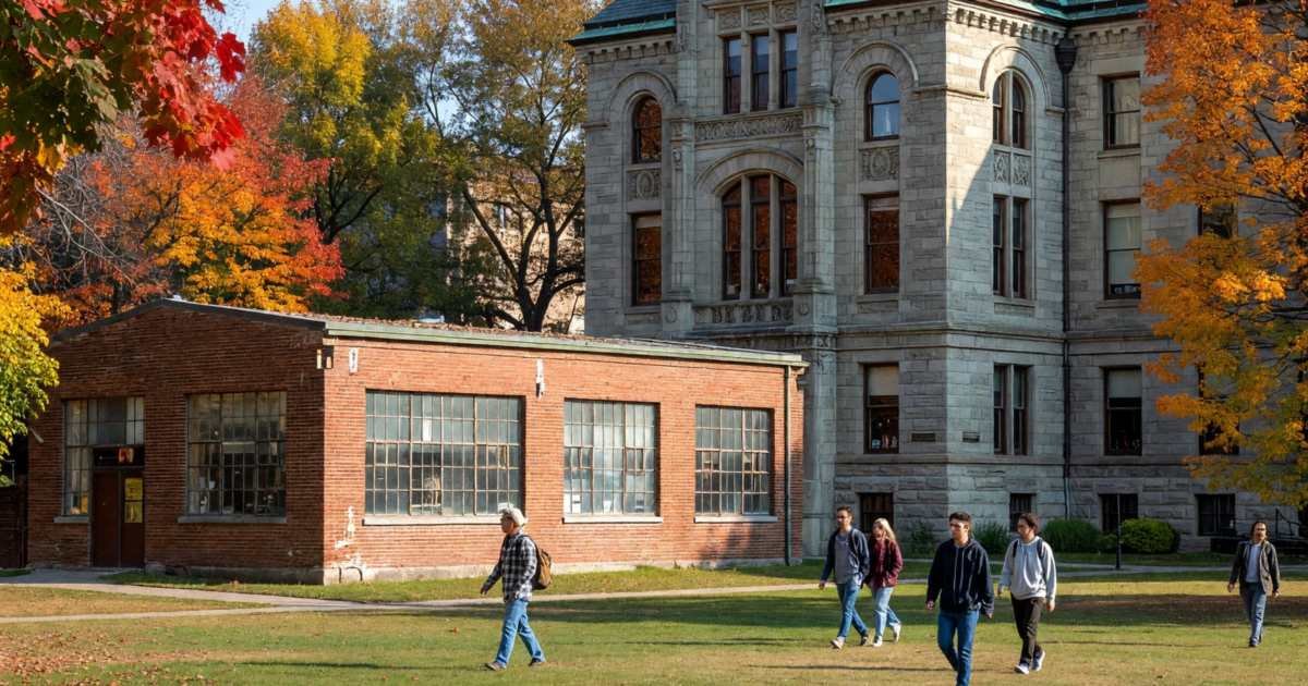 A college trades workshop next to a university lecture hall, seen across a campus lawn, illustrating college versus university costs in Canada.