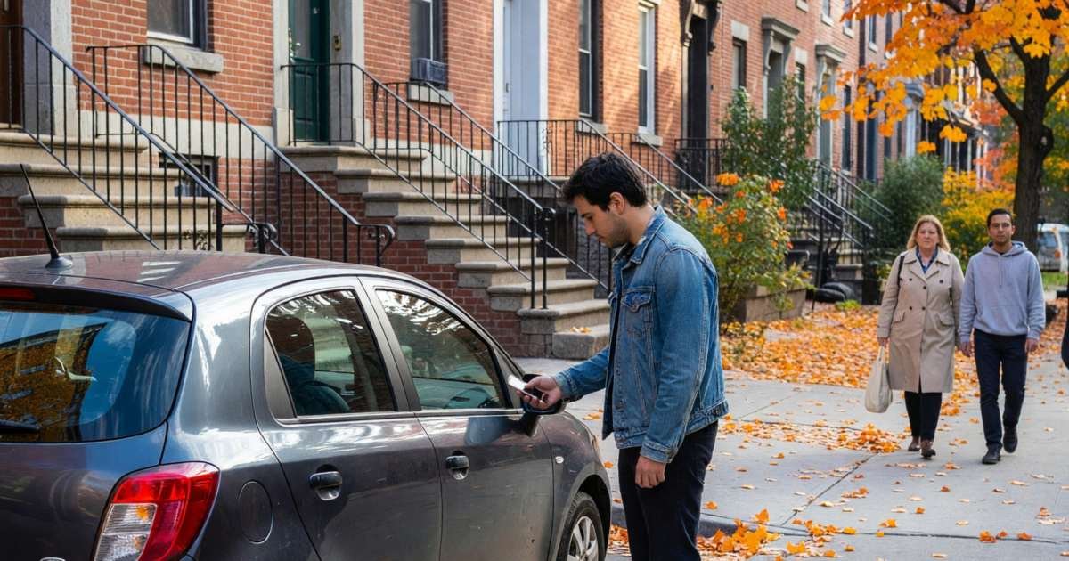 A young man unlocking a car-share hatchback with his phone on a residential city street, illustrating Communauto, Zipcar and owning a car in Canada.