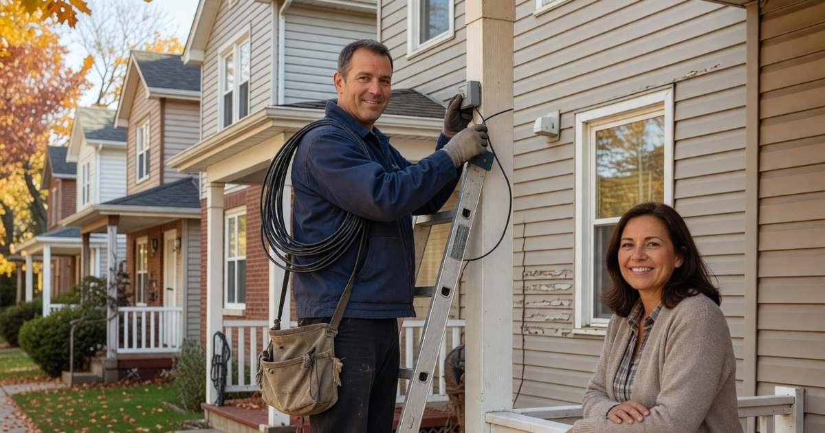 A technician on a ladder connecting a fibre internet line to the side of a house while the homeowner watches from the porch, illustrating comparing Canadian internet providers by address.