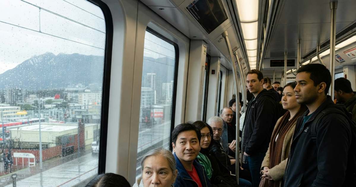 Commuters standing inside a SkyTrain car looking out at the city as it passes, illustrating choosing a Compass Card monthly pass or stored value.