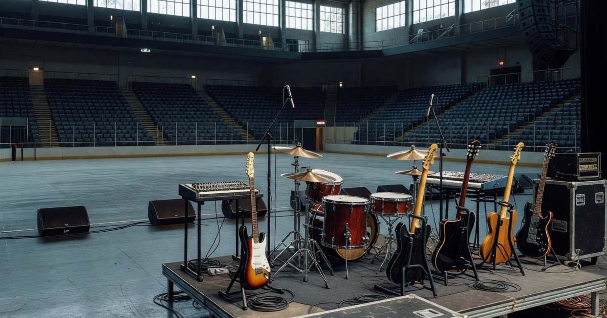 An empty concert stage with instruments set up under dim lights and an empty arena floor, illustrating getting a refund when a concert is cancelled.