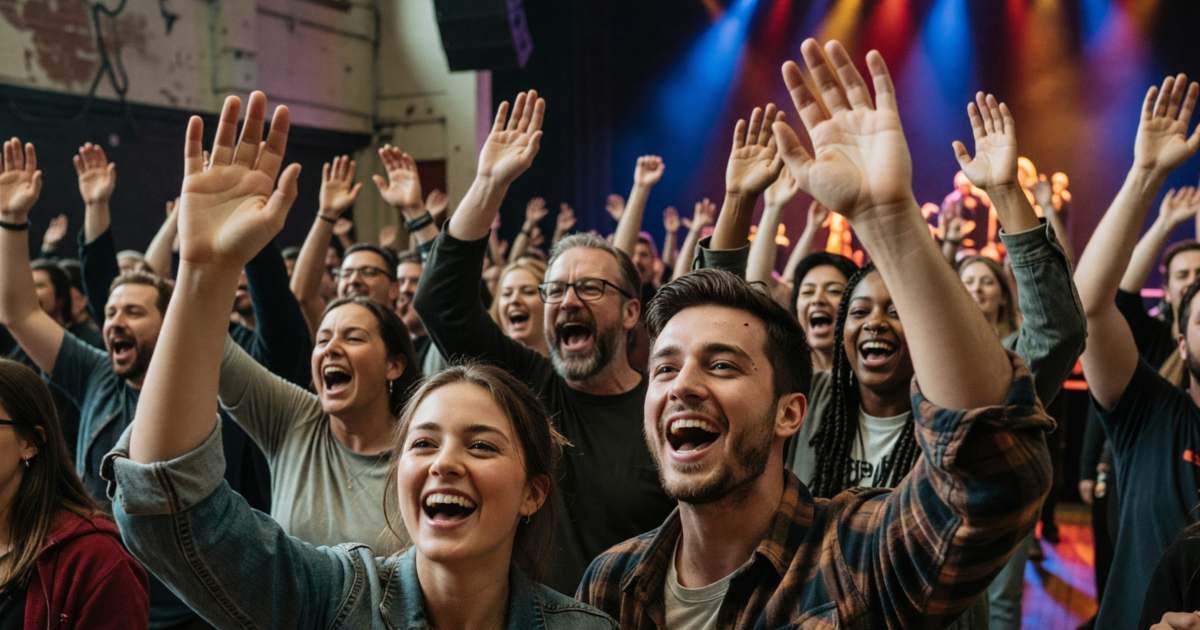 A crowd of fans with raised hands at an indoor concert, stage lights glowing ahead, illustrating concert ticket fees and all-in pricing rules in Canada.