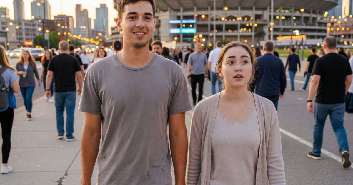 A young couple with a small suitcase walking toward a stadium at dusk, illustrating travelling for a concert in Toronto or Vancouver.