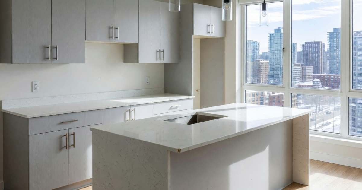 A condo kitchen with a new renovation, quartz countertops and upgraded cabinets, illustrating condo corporation versus unit insurance policies and betterments.