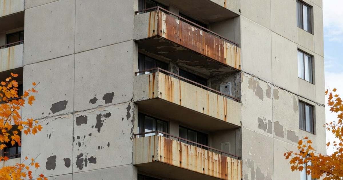 An older Canadian condo tower with weathered, cracked concrete balconies and rust stains, illustrating condo fee red flags such as a weak reserve fund and special assessments.