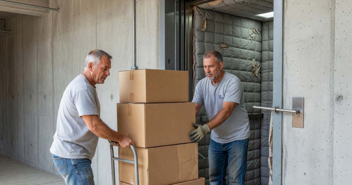 Two movers wheeling a dolly stacked with boxes into a condo service elevator lined with grey protective padding, illustrating condo moving rules, elevator bookings and fees in Canada.