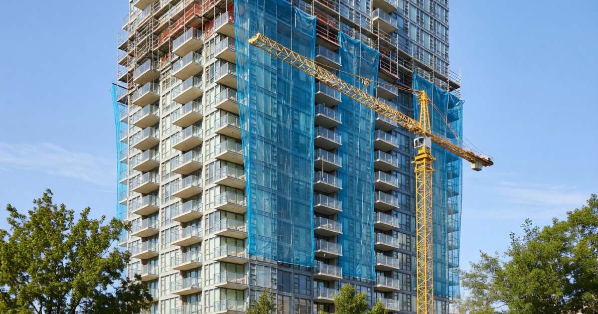 A condo tower with scaffolding and construction netting on part of its facade and a crane nearby, illustrating budgeting for condo special assessments in Canada.