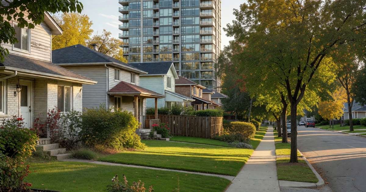 A condo tower beside a row of detached freehold houses with front yards, illustrating condo versus freehold monthly costs in Canada.