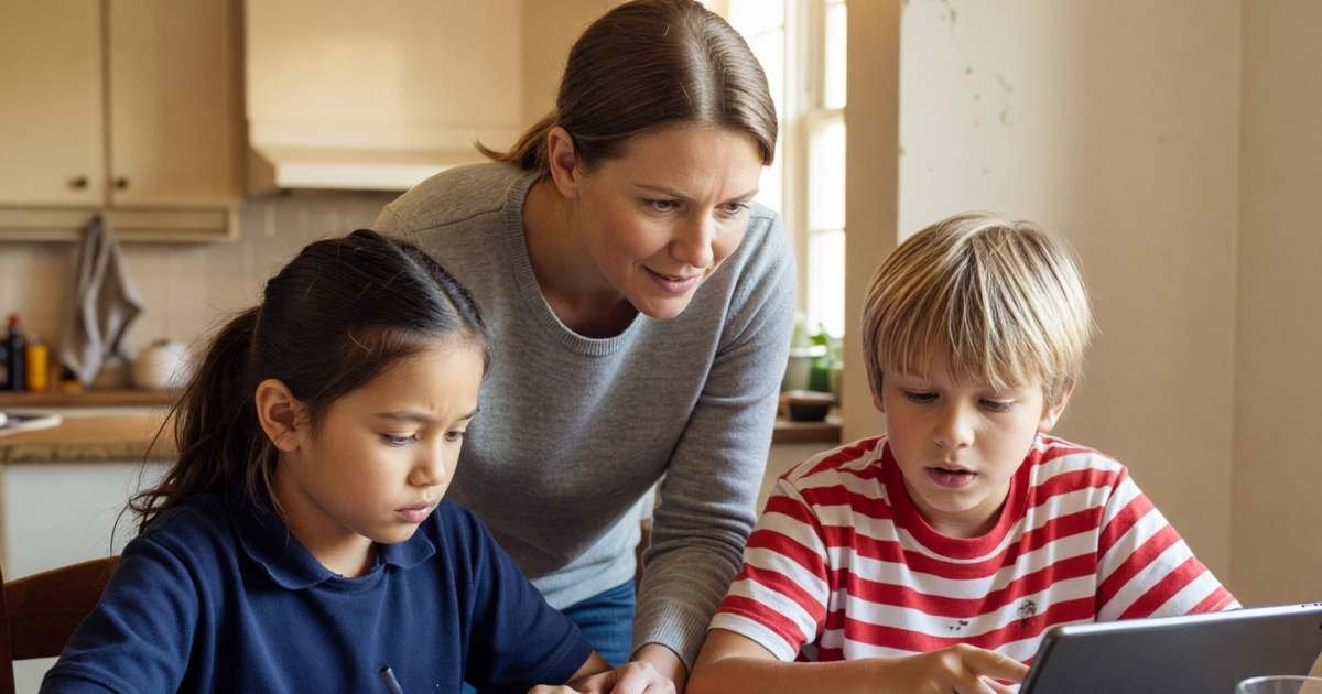 A mother and her two school-age children doing homework together at a kitchen table with a tablet, illustrating the Connecting Families $10 and $20 internet program.