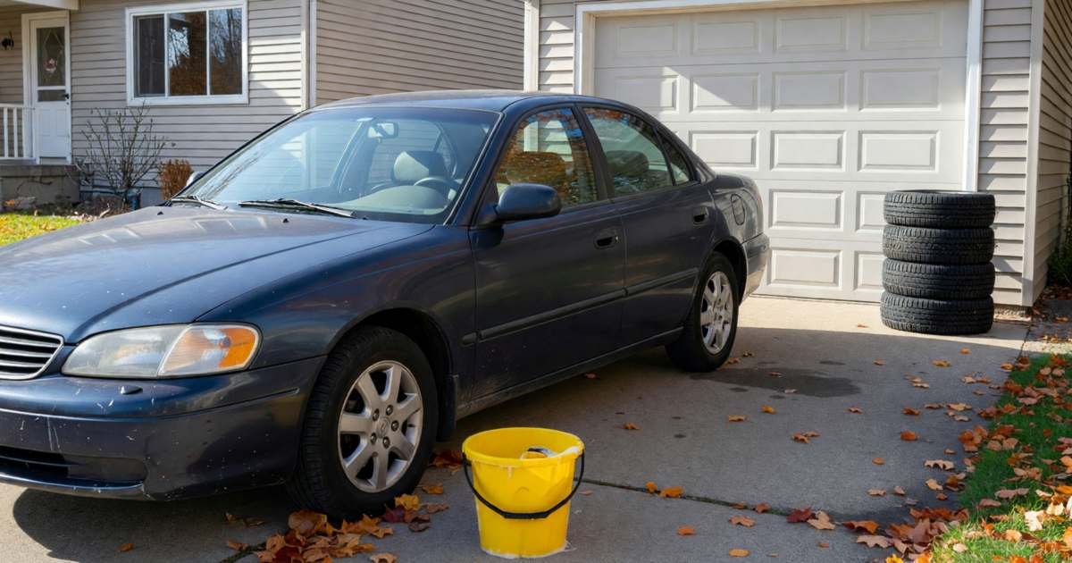 A mid-size family car parked in a driveway beside a house, with a car wash bucket and a set of seasonal tires stacked by the garage, illustrating the real cost of owning a car in Canada.