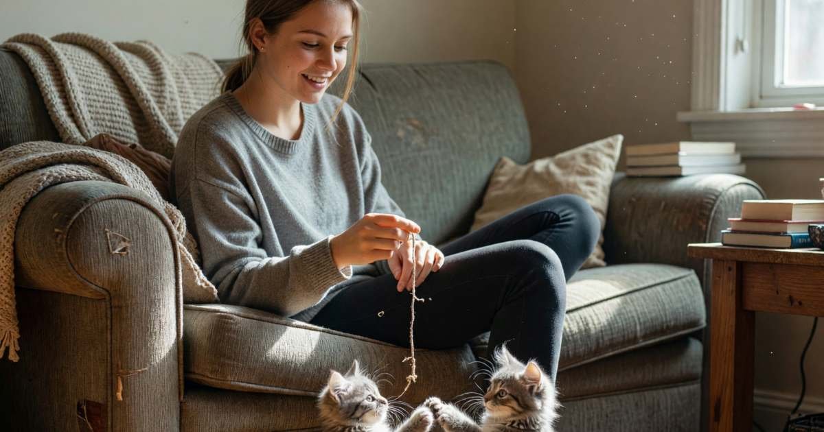 A young woman on her sofa with a playful grey kitten chasing a string, illustrating what a cat really costs in Canada.
