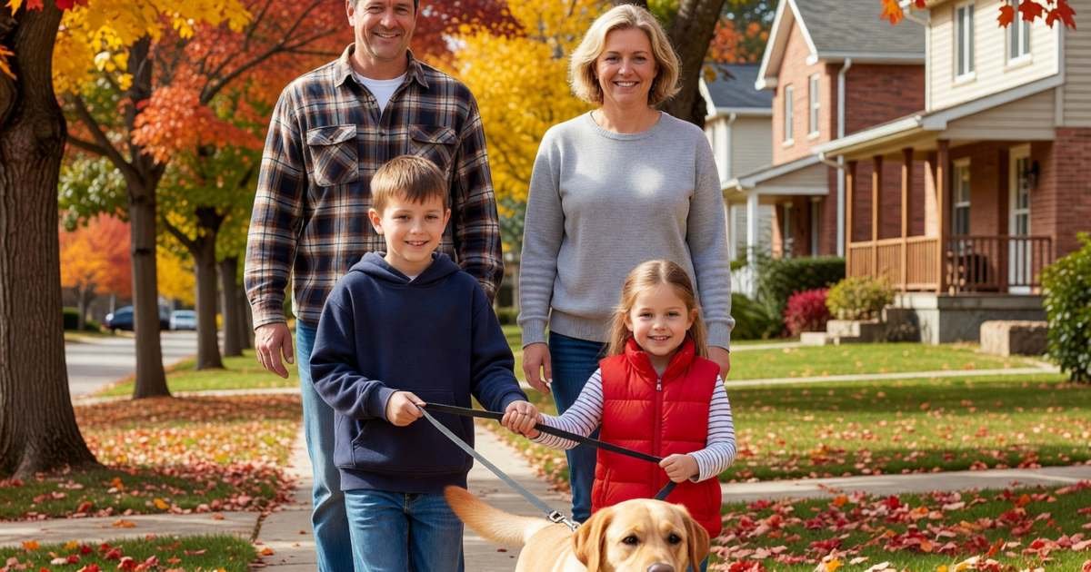A family walking a Labrador retriever on a leash along a leafy suburban sidewalk, illustrating what a dog really costs in Canada.