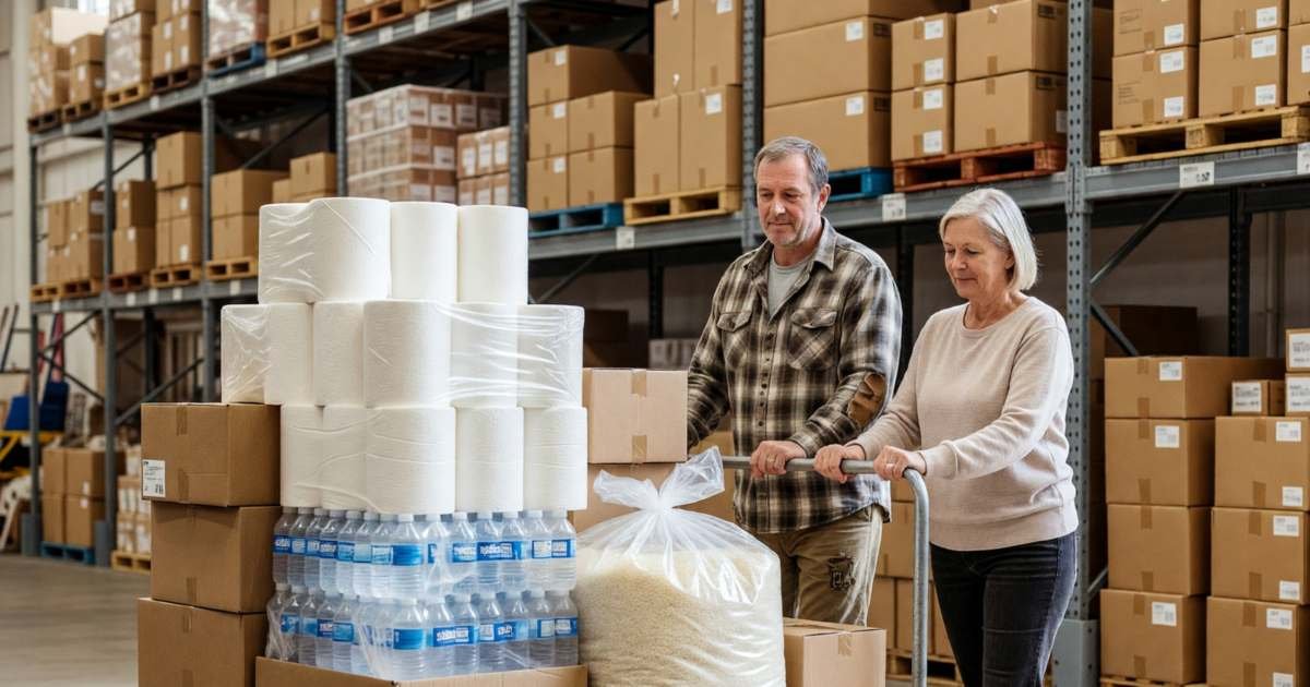 A couple pushing an oversized flatbed cart loaded with bulk paper towels, a case of water and a big bag of rice through a warehouse club, illustrating Costco Executive vs Gold Star membership in Canada.