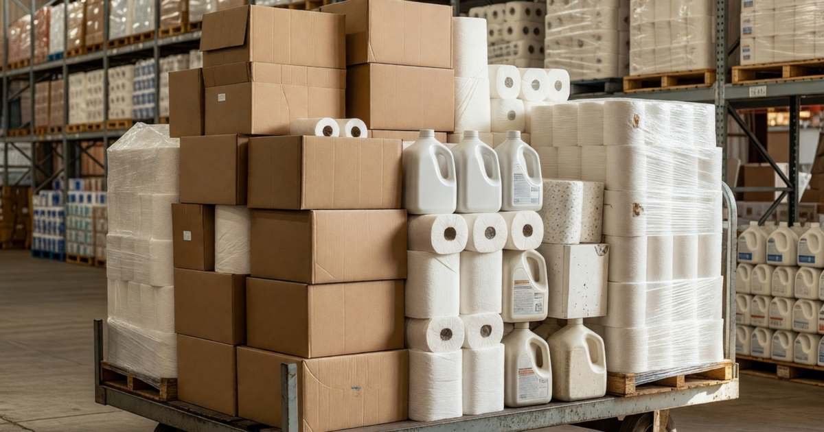 A flatbed cart in a warehouse store loaded with bulk paper towels, toilet paper and laundry detergent, illustrating what to buy at Costco for the house.