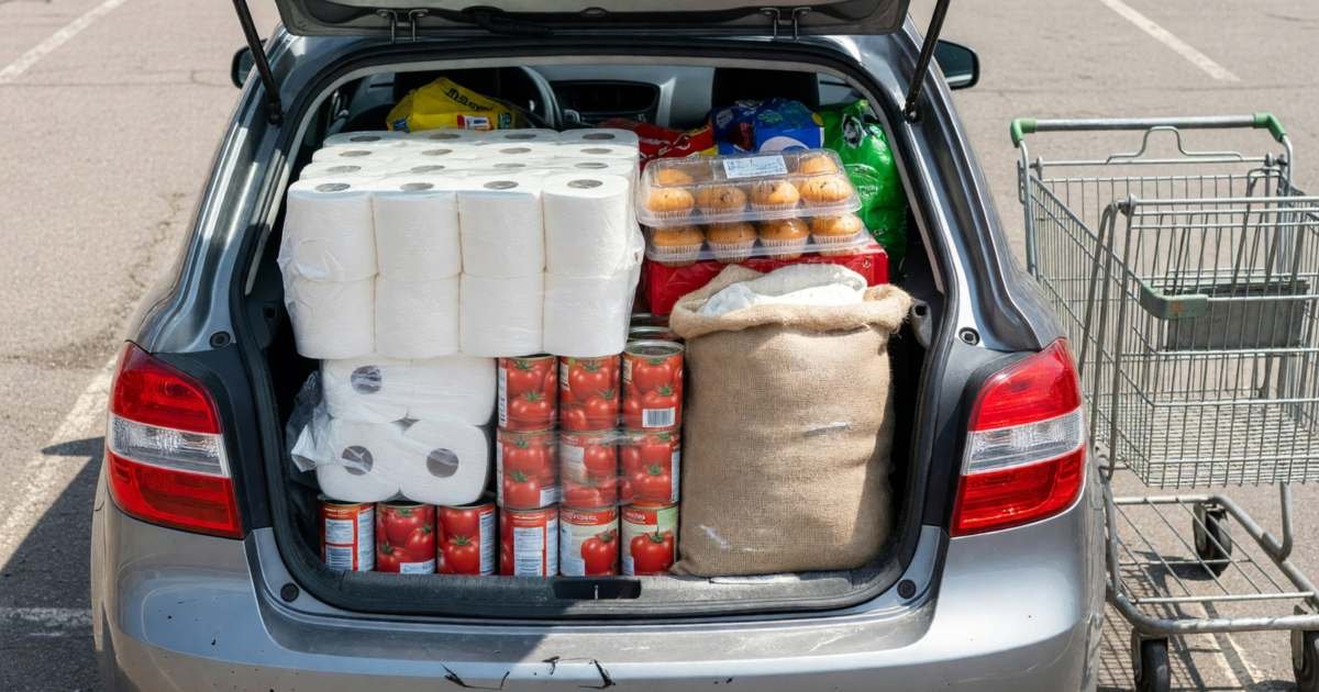A car hatchback open in a parking lot, packed with bulk groceries: a huge pack of toilet paper, cases of canned tomatoes, a sack of flour and a tray of muffins, illustrating whether a Costco membership is worth it in Canada.