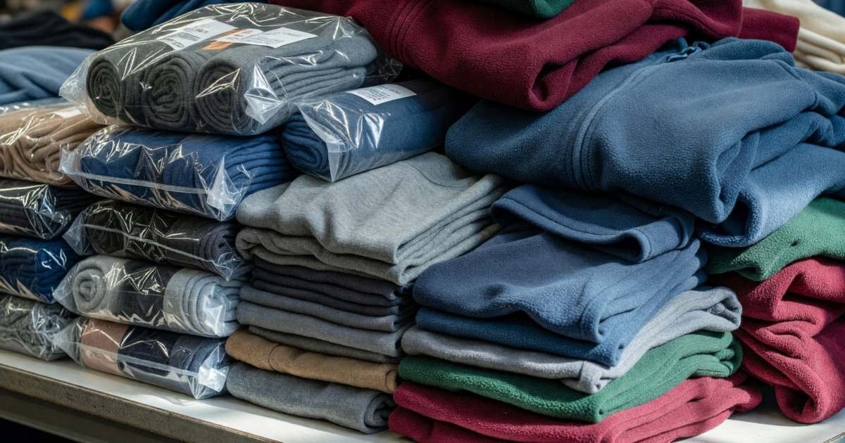 A warehouse store table piled with packs of socks, merino base layers and folded fleece jackets, illustrating Costco clothing worth buying.