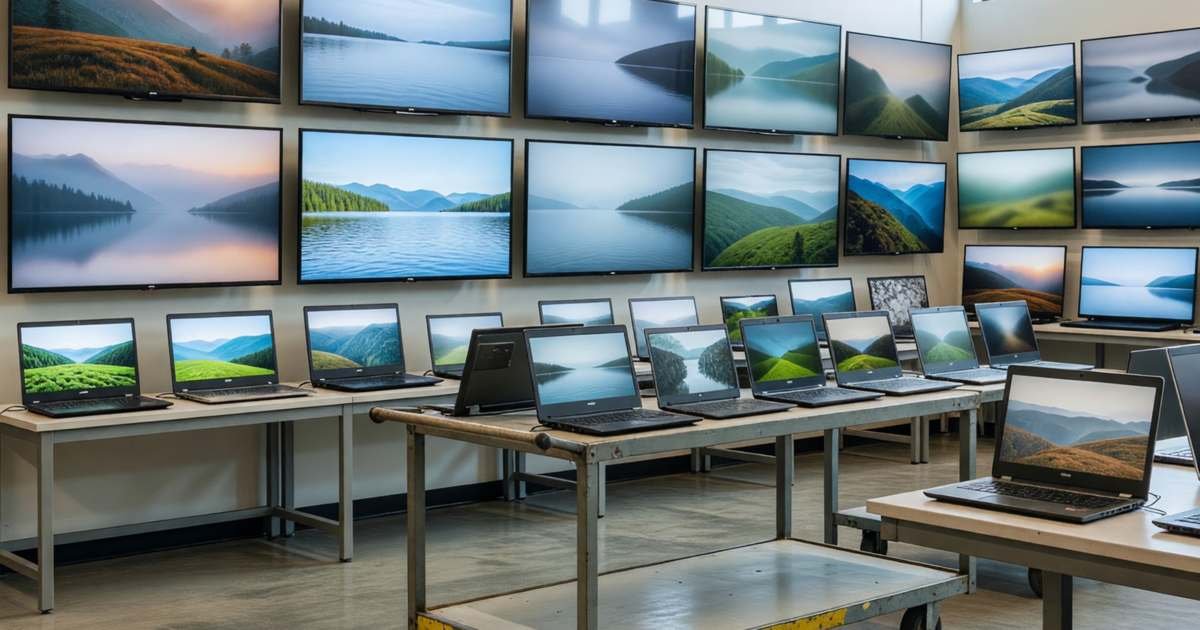A warehouse store electronics section with TVs on a wall and laptops on tables, screens showing soft landscapes, illustrating Costco electronics return window and price adjustments.